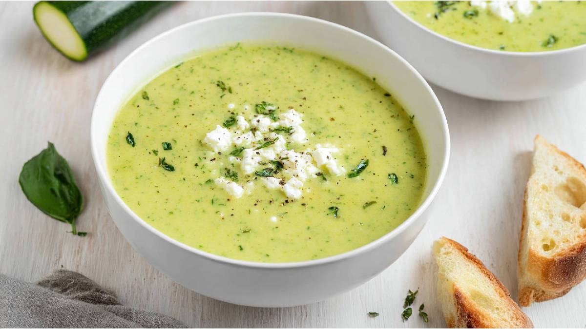 Schale mit Zucchini-Feta-Suppe, Baguettescheiben daneben