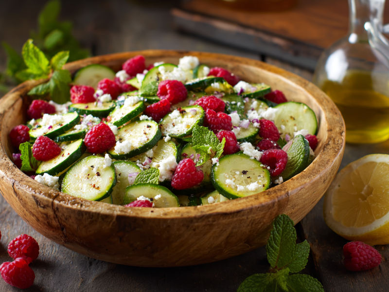 Zucchini-Gurken-Salat in einer großen Schüssel. Als Dekoration stehen ein Kännchen mit Olivenöl, eine aufgeschnittene Zitrone und Himbeeren herum.