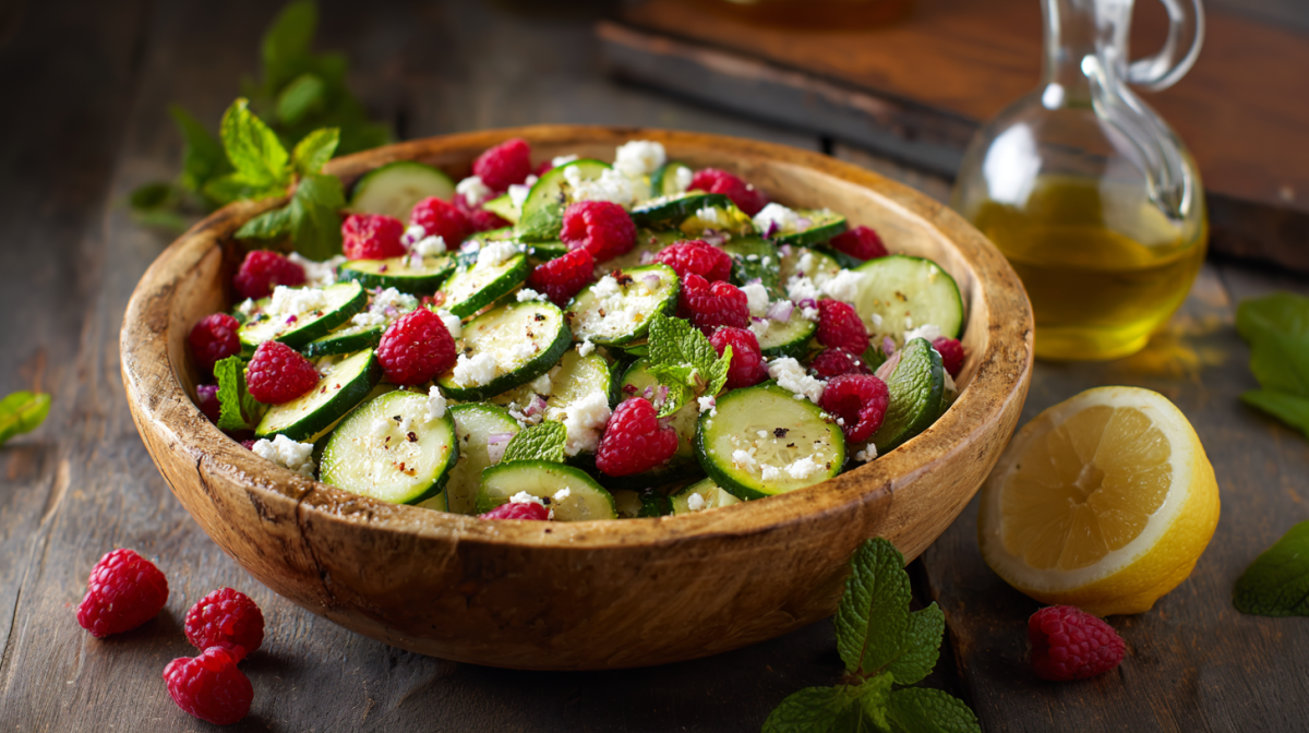 Zucchini-Gurken-Salat in einer großen Schüssel. Als Dekoration stehen ein Kännchen mit Olivenöl, eine aufgeschnittene Zitrone und Himbeeren herum.