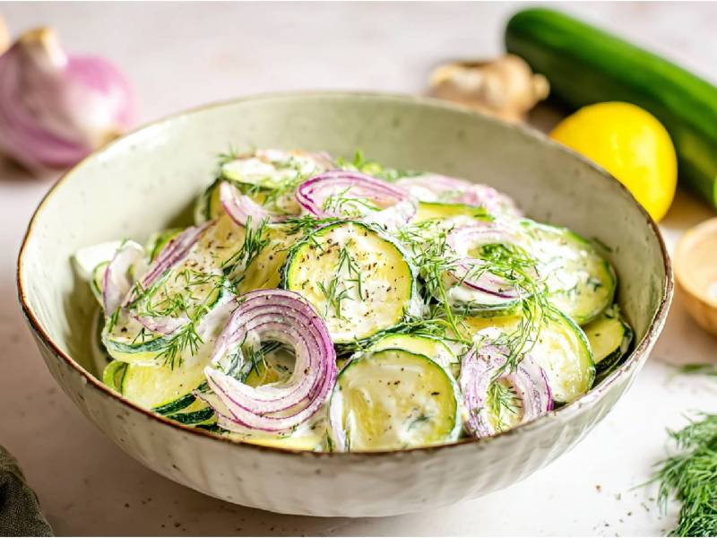 Schale mit Zucchini-Joghurt-Salat, Zutaten daneben