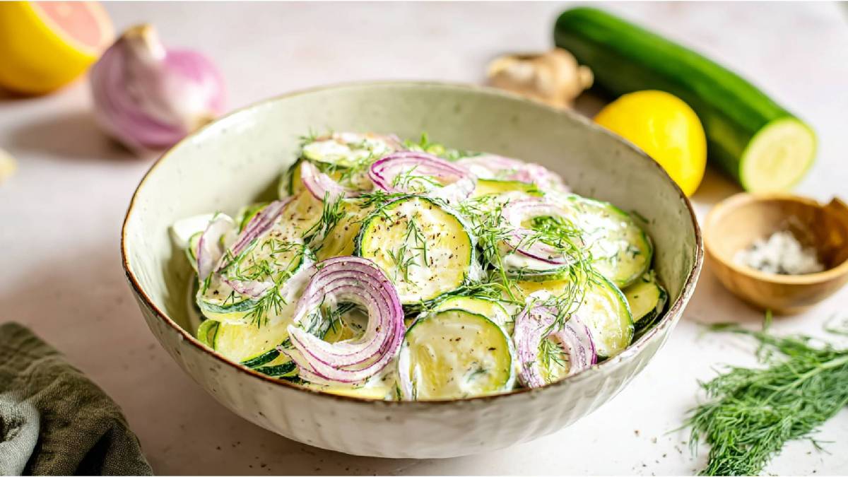 Schale mit Zucchini-Joghurt-Salat, Zutaten daneben