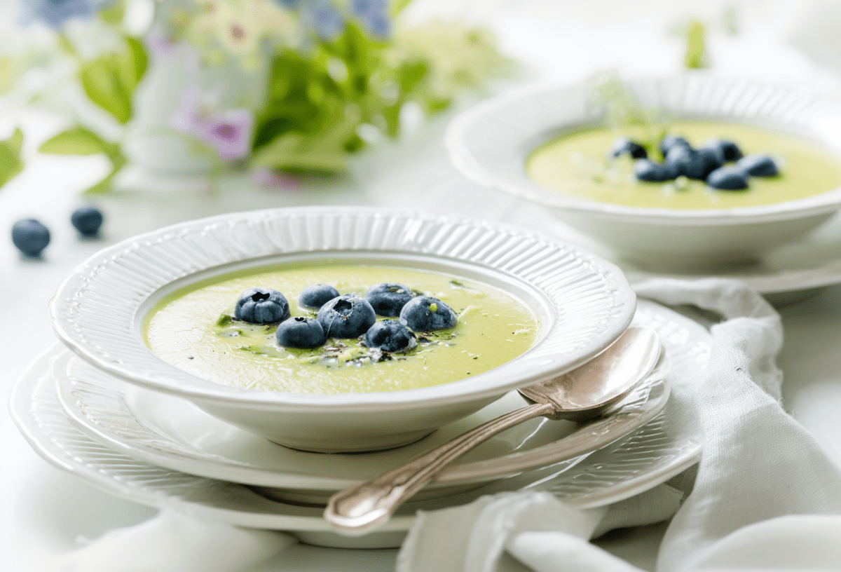 Zwei Schalen mit Zucchini-Kaltschale.