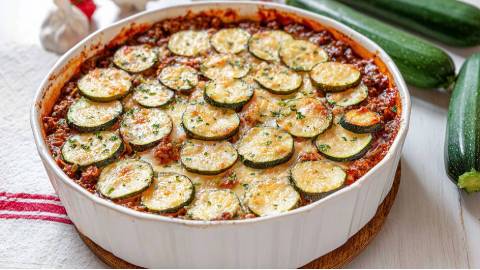 Auflaufform mit Zucchini-Moussaka