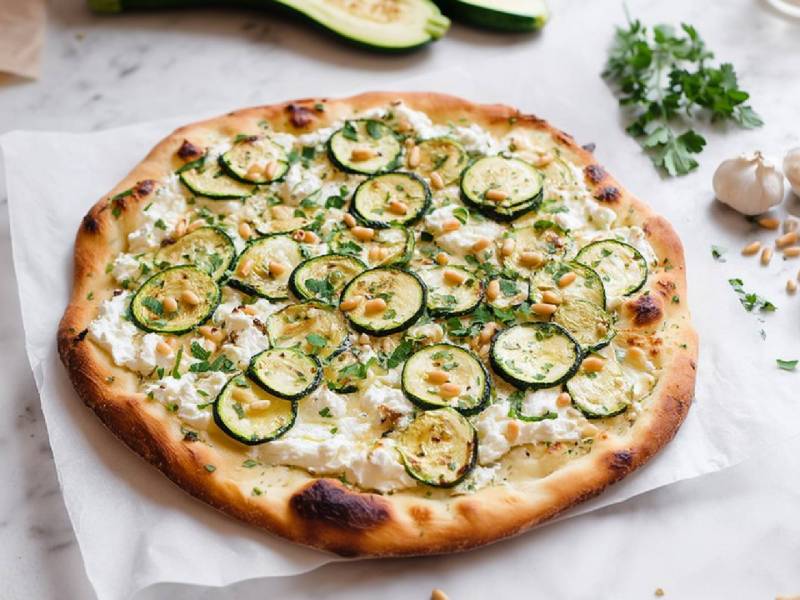 eine Zucchini-Ricotta-Pizza mit Pinienkernen auf einem Tisch