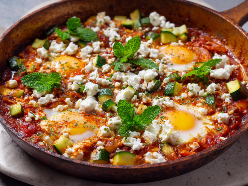 Eine Zucchini-Shakshuka steht auf einem steinernen Untersetzer. SIe ist mit frischer Minze garniert. Links neben der Pfanne liegt etwas Grünzeug, rechts ein Küchentuch.