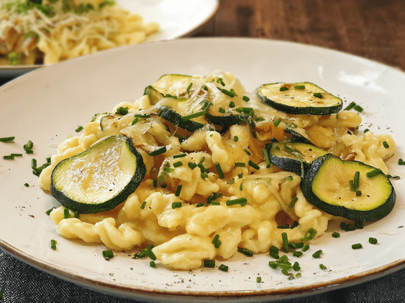 Ein Teller Zucchini-Spätzle-Pfanne, bestreut mit Schnittlauch.