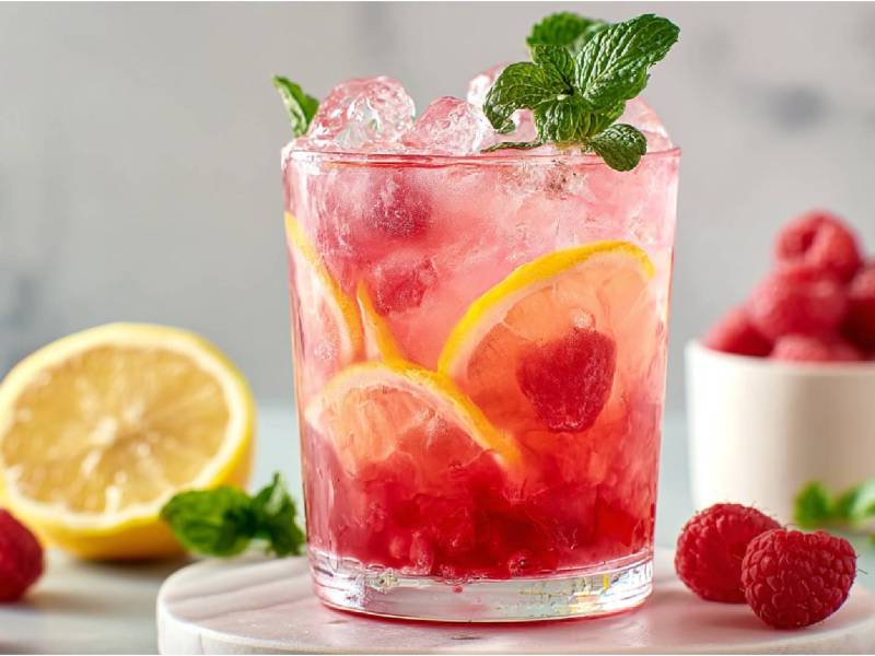 Ein Glas mit Himbeerlimonade ohne Zucker auf einem Tisch, Zutaten daneben