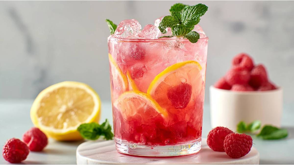 Ein Glas mit Himbeerlimonade ohne Zucker auf einem Tisch, Zutaten daneben