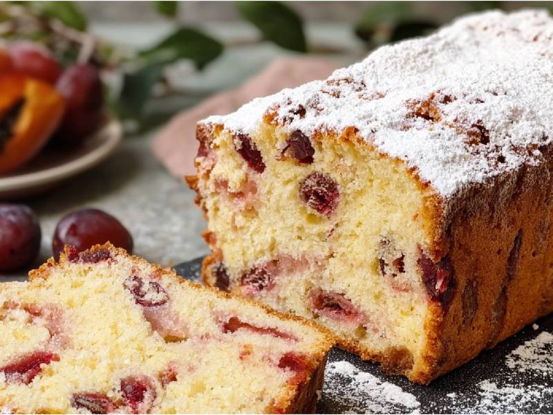 ein angeschnittener Zwetschgen-Joghurt-Kuchen aus der Kastenform auf einem Tisch, Zwetschgen daneben