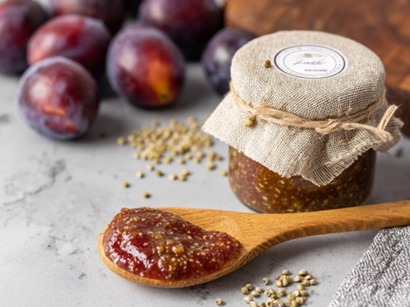 Ein kleines Einmachglas mit Zwetschgen-Senf. Davor liegt ein Holzlöffel mit Zwetschgen-Senf. Im Hintergrund sind einige frische Zwetschgen zu sehen.