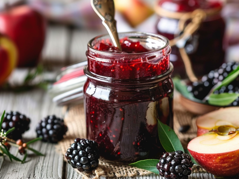 Ein Glas mit Apfel-Brombeer-Marmelade, drum herum liegen Früchte.