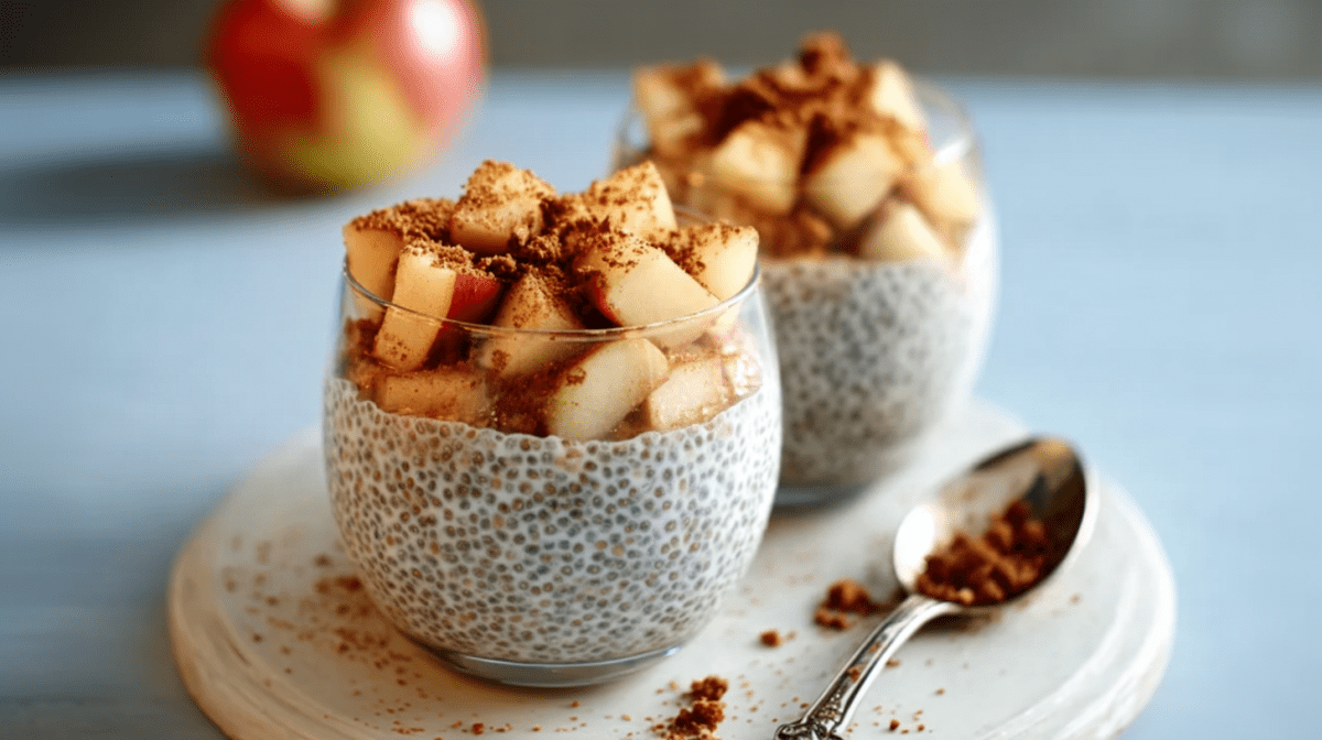 Zwei Gläser mit Apfel-Crumble-Chia-Pudding.
