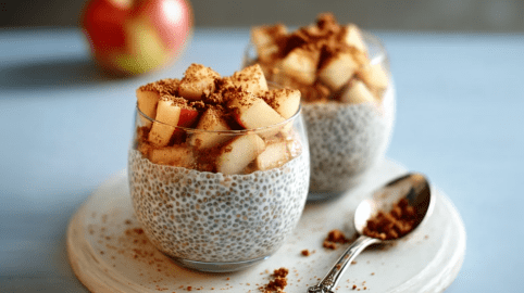 Zwei Gläser mit Apfel-Crumble-Chia-Pudding.