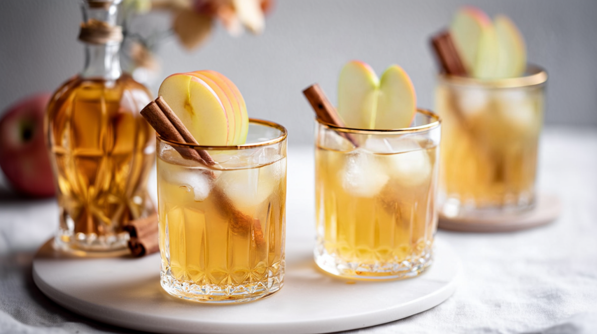 Zwei Gläser mit Apfel Lillet stehen auf einem Tablett. Garniert sind die Drinks mit Zimtstangen und Apfelscheiben. Im Hintergrund ist ein weiteres Glas sowie eine Karaffe zu sehen.