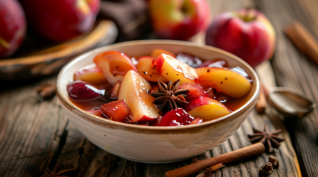 Eine Schüssel voll Apfel-Pflaumen-Grütze. Äpfel und Zimtstangen liegen als Deko außen herum.