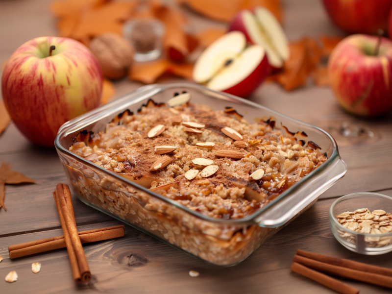 Eine kleine Auflaufform mit Apfel-Zimt Baked Porridge. Um die Form verteilt liegen einige Äpfel, Walnüsse, Haferflocken und Zimtstangen.