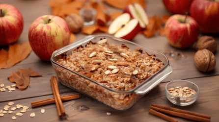 Eine kleine Auflaufform mit Apfel-Zimt Baked Porridge. Um die Form verteilt liegen einige Äpfel, Walnüsse, Haferflocken und Zimtstangen.