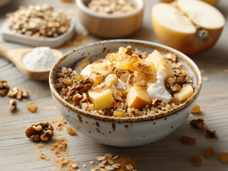 Eine Schüssel mit Apfel-Zimt-Quinoa auf einem Holztisch. hIm Hintergrund sieht man einzige weitere Zutaten, wie Nüsse, Haferflocken und einen Apfel, Um die Schüssel verteilt liegen Nüsse, Zimtpulver, Haferflocken und Rosinen.
