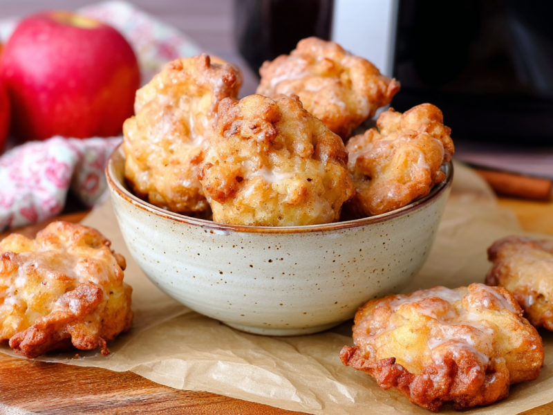 Ein Teller mit Apfelkrapfen aus dem Airfyer, im Hintergrund Äpfel und eine Heißluftfritteuse.