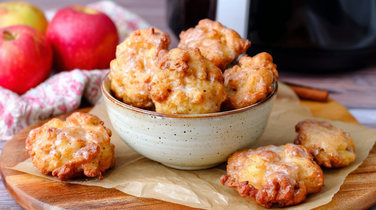 Ein Teller mit Apfelkrapfen aus dem Airfyer, im Hintergrund Äpfel und eine Heißluftfritteuse.
