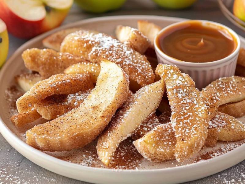 Teller mit Apfelpommes mit Karamellsoße