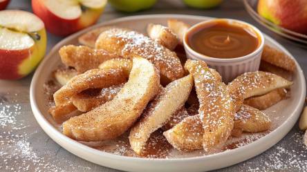 Teller mit Apfelpommes mit Karamellsoße