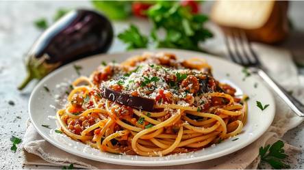 Ein Teller mit Auberginen-Tomaten-Pasta