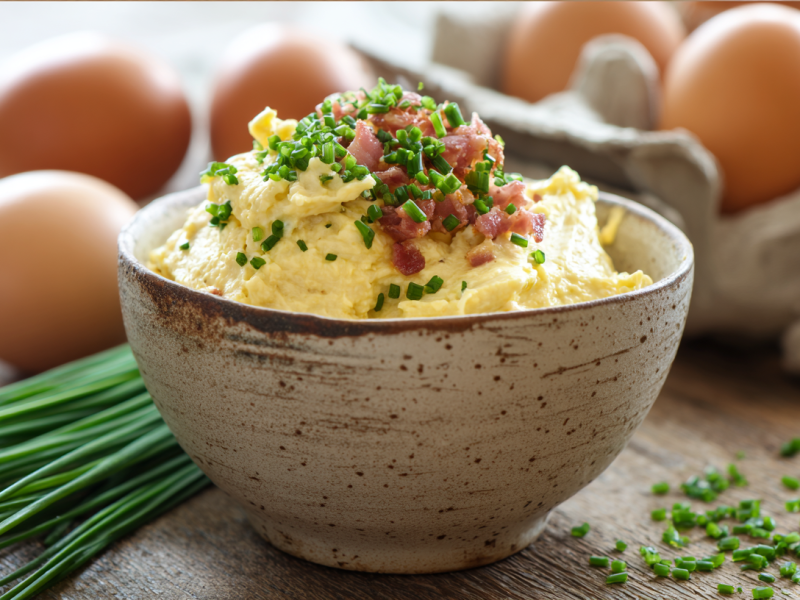 Eine Schale mit Bacon-Ei-Aufstrich, dahinter Schnittlauch und mehrere Eier.