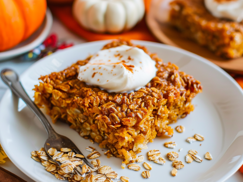 Ein Stück Baked Oats mit Kürbis, serviert mit Mascarponecreme.