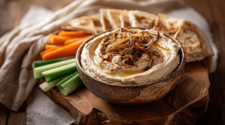 Eine Schale mit Balsamico-Zwiebel-Hummus steht auf einer Holzscheibe. Hinter der Schale sind mehrere Stücke Pita sowie Karotten- und Gurkensticks.