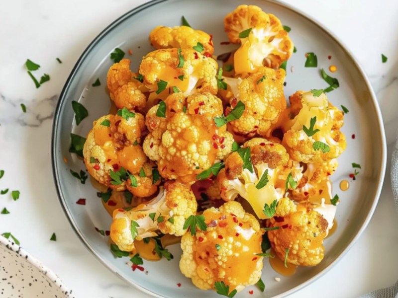 Bang Bang Blumenkohl auf einem Teller in der Draufsicht.