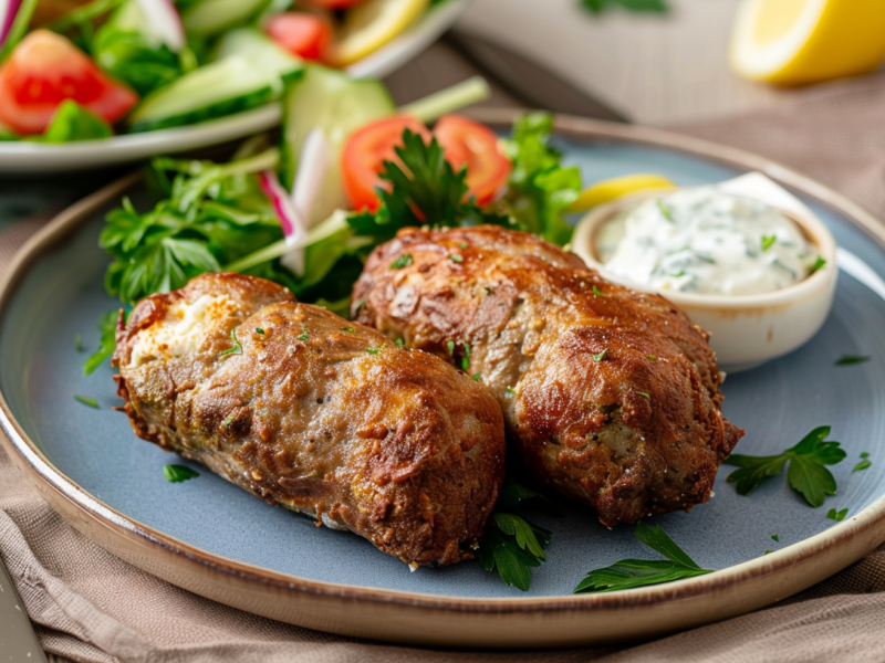Ein Teller mit zwei Bifteki aus dem Airfryer, angerichtet mit Zaziki und Salat. Daneben liegt eine Gabel.