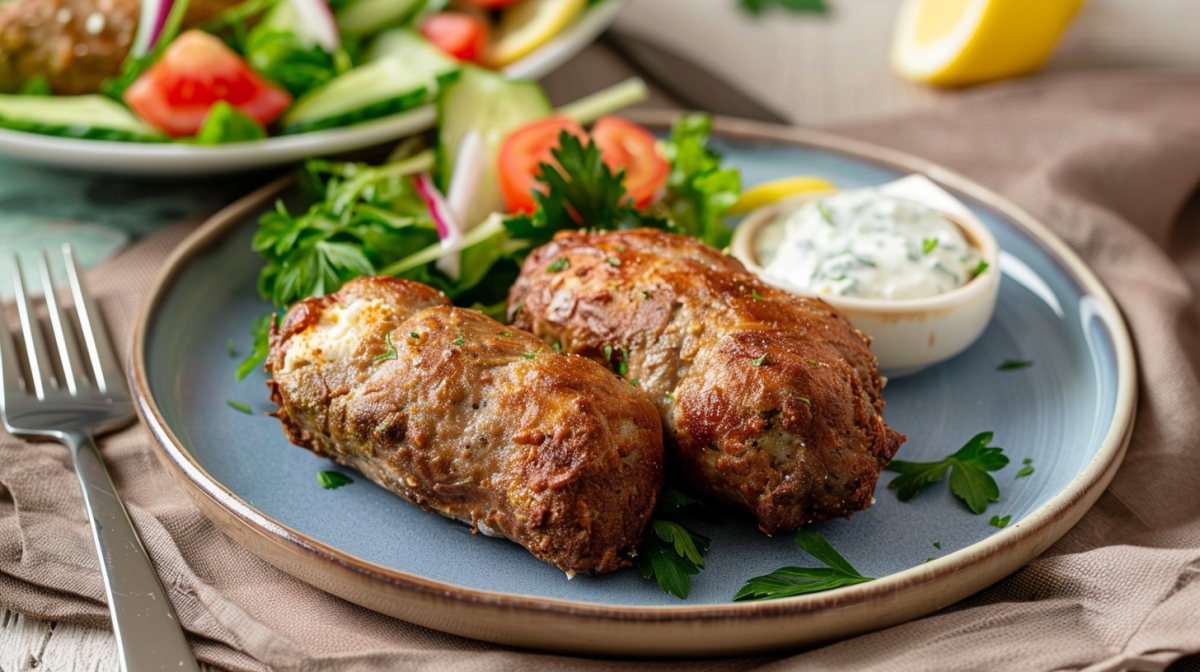 Ein Teller mit zwei Bifteki aus dem Airfryer, angerichtet mit Zaziki und Salat. Daneben liegt eine Gabel.