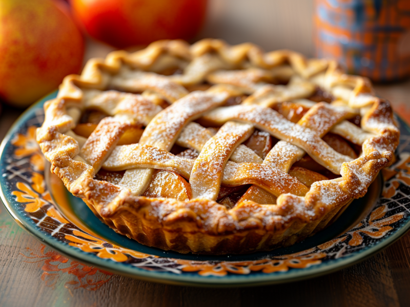 Birnen-Chai-Pie, angerichtet auf einem Teller. Im Hintergrund sind zwei Birnen zu sehen.