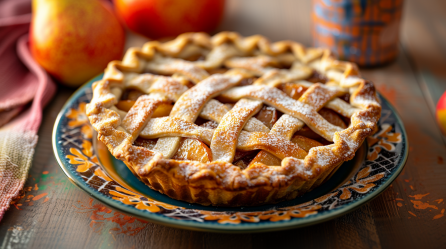 Birnen-Chai-Pie, angerichtet auf einem Teller. Im Hintergrund sind zwei Birnen zu sehen.