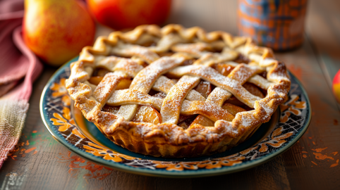 Birnen-Chai-Pie, angerichtet auf einem Teller. Im Hintergrund sind zwei Birnen zu sehen.
