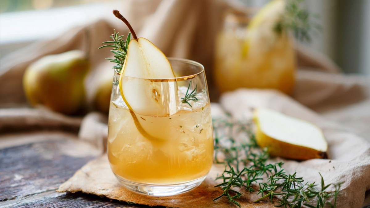 Ein Glas Birnen-Ingwer-Lillet mit Zimt. Rosmarinzweige und Birnenstücke sind zu sehen.