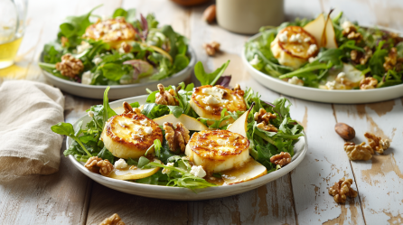 Birnen-Ziegenkäsesalat auf drei Tellern auf einem Holztisch. Um die Teller verteilt liegen einige Nüsse.