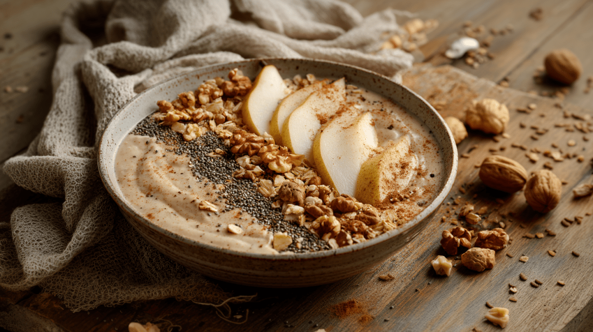 Eine Birnen-Zimt-Smoothie-Bowl auf einem Holztisch. Um sie herum verteilt liegen Walnüsse und etwas Zimt. Sie steht direkt an einem grau-braunen Tuch.