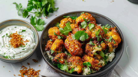 Blumenkohl-Wings mit Blumenkohlreis, angerichtet auf einem Teller. Daneben steht ein Schälchen mit Joghurt-Dip mit Röstzwiebeln.
