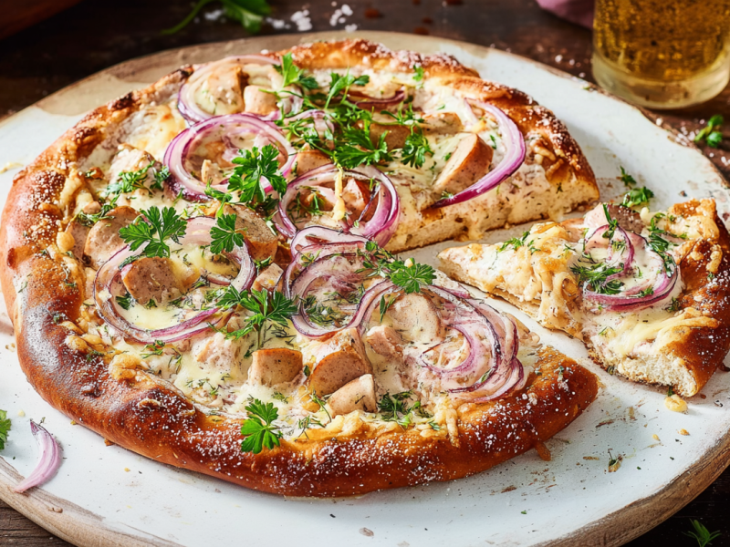 Brezel-Pizza mit Weißwurst, serviert auf einem rustikalen Brett.