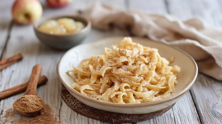 Ein Teller mit Bröselnudeln. Im Hintergrund steht eine kleine Schale mit Apfelmus und Äpfel liegen herum. Außerdem kann man Zimtstangen und einen Holzlöffel mit Zimt sehen.