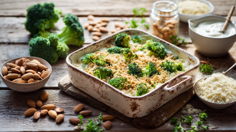Eine Auflaufform mit Brokkoli-Mandel-Gratin, daneben Zutaten.