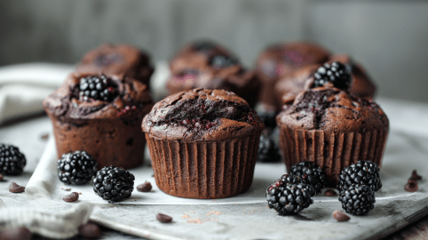 Mehrere Brombeer-Schoko-Muffins sind auf einem Tablett angerichtet. Frische Beeren liegen als Deko außen herum.
