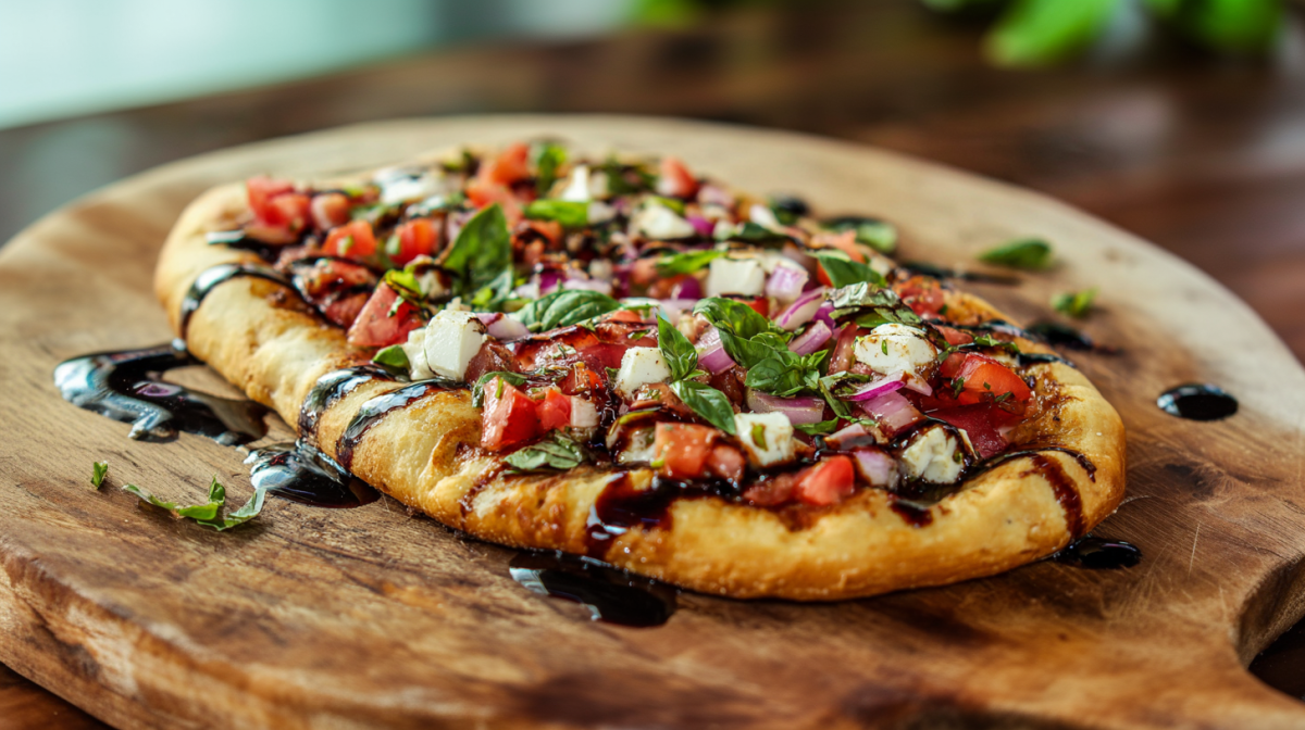 Eine Bruschetta-Pizza auf einem Holzuntersetzer. Sie ist mit etwas Balsamico-Creme beträufelt. Im Hintergrund erkennt man leicht angeschnittene Kräuter.