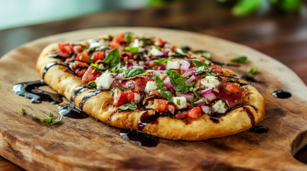 Eine Bruschetta-Pizza auf einem Holzuntersetzer. Sie ist mit etwas Balsamico-Creme beträufelt. Im Hintergrund erkennt man leicht angeschnittene Kräuter.