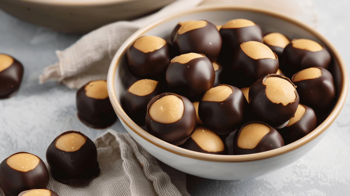 Eine Schüssel Buckeyes: Erdnussbutter-Schoko-Bonbons aus den USA.