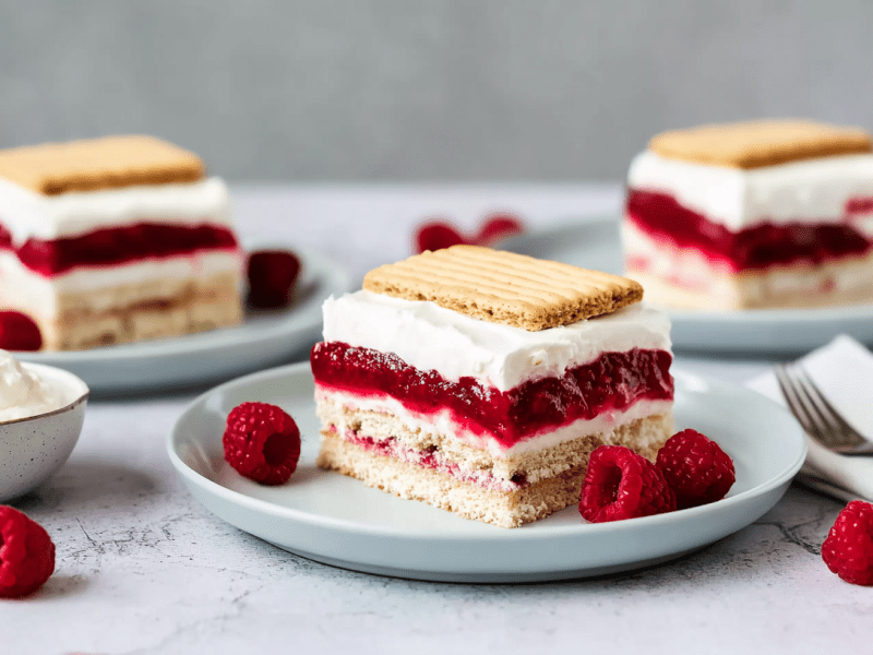 Drei Teller mit Stücken von Butterkekskuchen vom Blech.