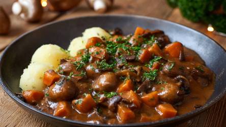 Teller mit Champignon-Ragout mit Malzbier und Mini-Knödeln