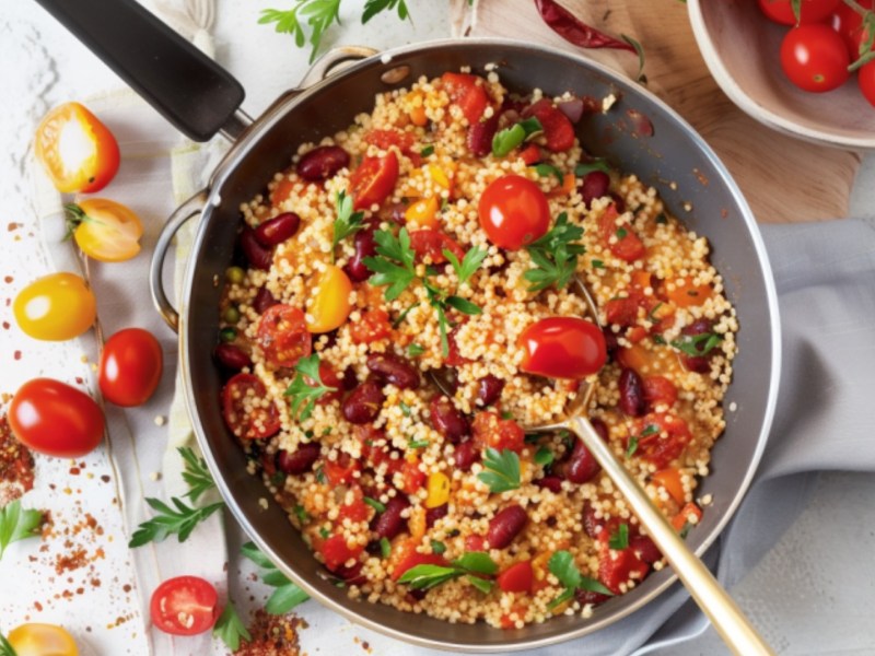 Eine Couscous-Pfanne mit Kidneybohnen, Paprika und frischen Tomaten in der Draufsicht.